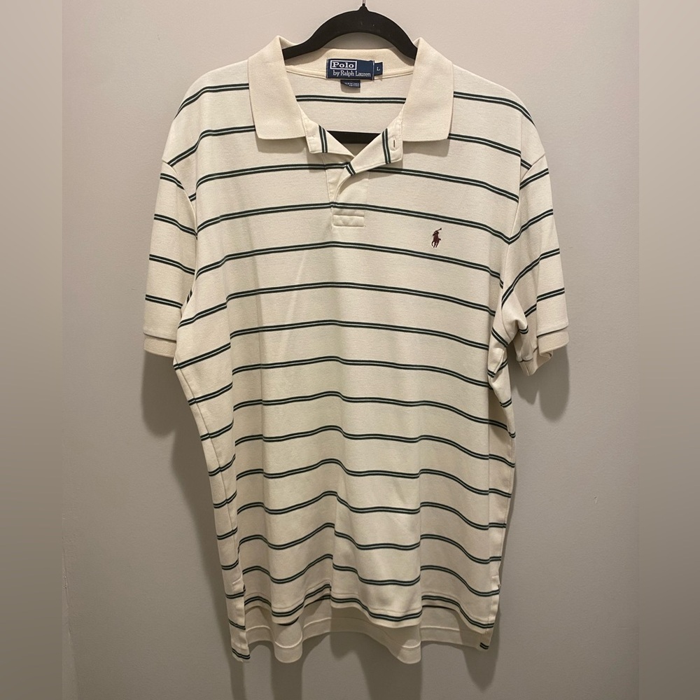 Polo Ralph Lauren Striped S/S Polo Shirt Cream & Green Men’s Size L EUC Preppy